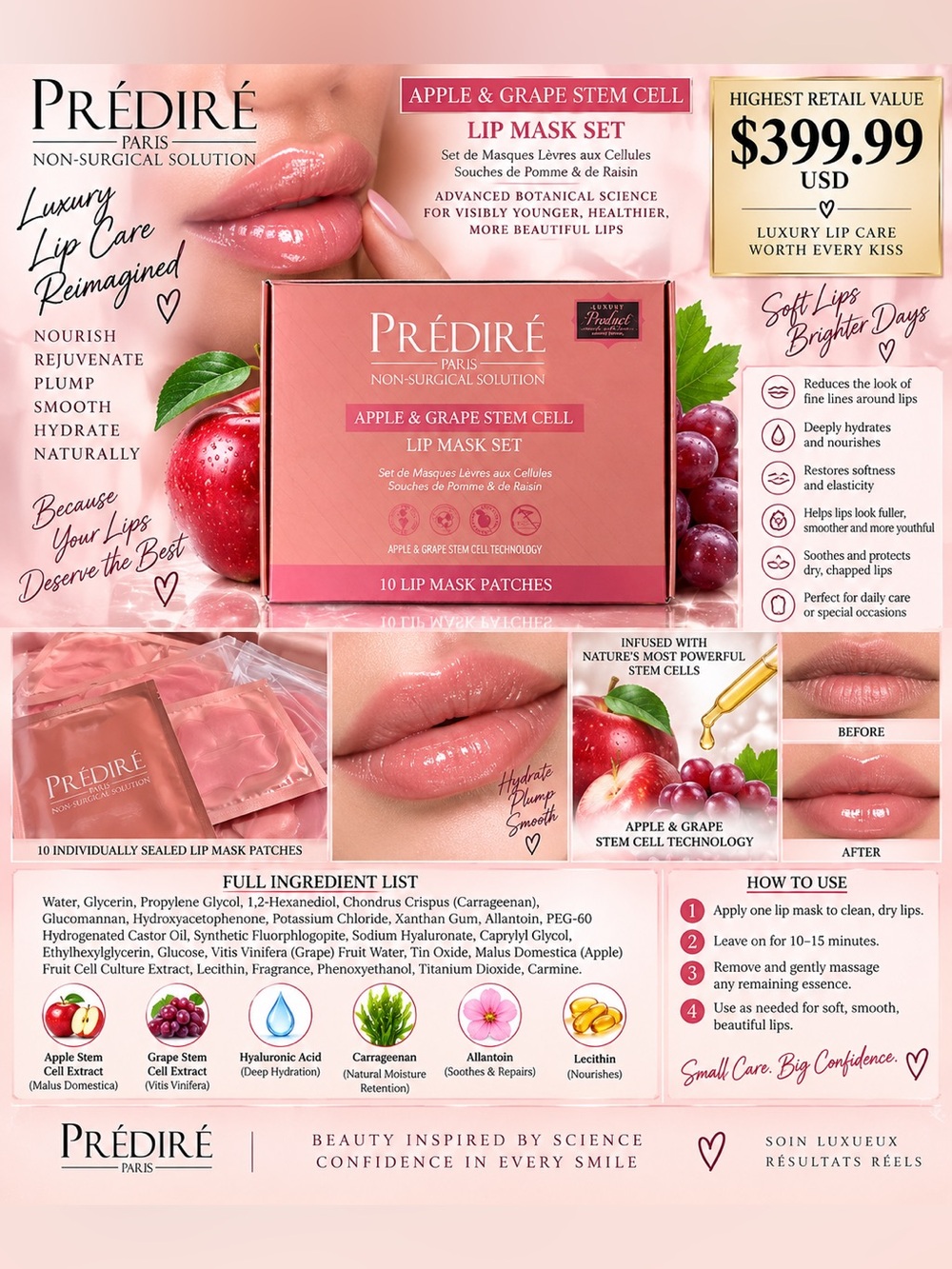 Predire Apple & Grape Stem Cell Lip Mask (10) Set - Hydrating Lip Patches